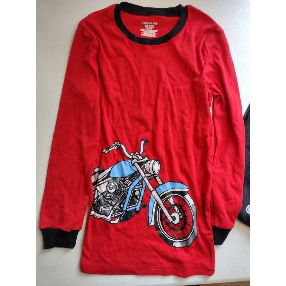 Dolphin & Fish Boys Motorcycle Pajama Set‎ Red Black 100% Cotton Size 12